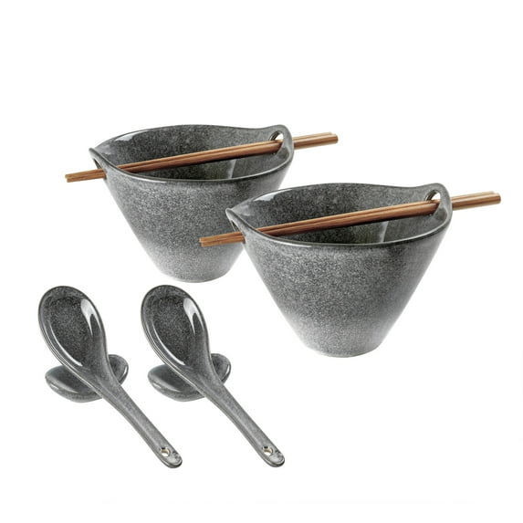 UNICASA 20 oz Japanese Ceramic Ramen Bowl Set of 2 Noodle Bowl with Soup Spoon and Chopstick Soup Bowls for Noodle, Ramen, Udon, Miso, Thai, Pho Soup(Gray)