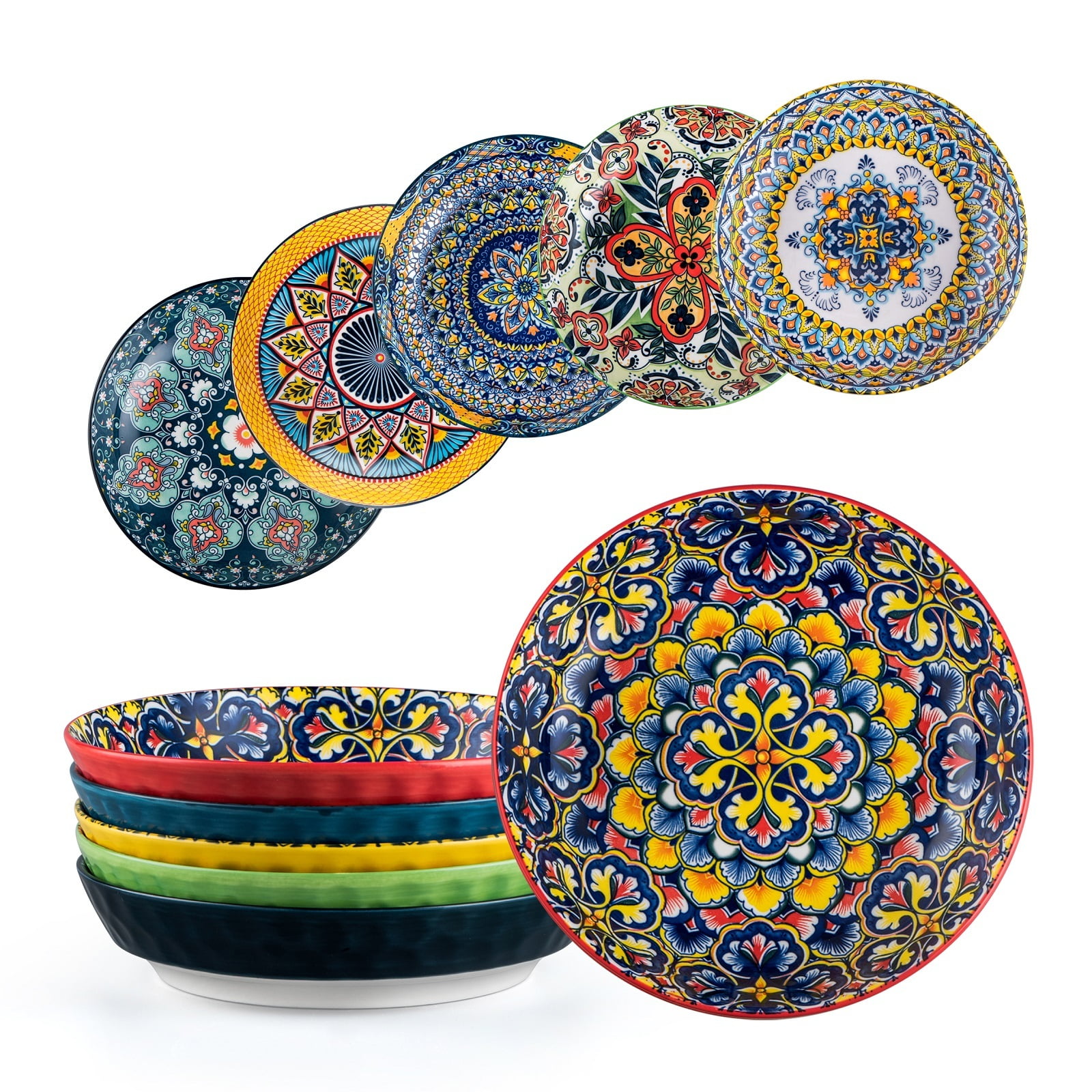 Bohemian Style Colorful Ceramic Serving Bowls Set of 6