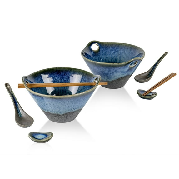 UNICASA 26 oz Ceramic Ramen Bowl Set with Chopsticks and Spoon, Microwave Safe, Asian Style (Blue, Set of 2)