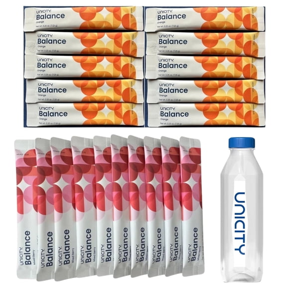 UNICITY DUO : 10 BERRY SACHETS + 10 ORANGE SACHETS + UNICITY BOTTLE | DRINK MIXES