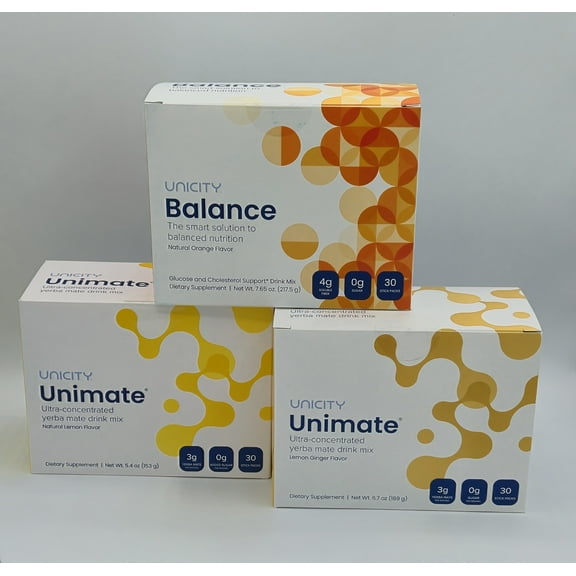 UNICITY Feel Great: Orange Balance, Unimate Lemon & Lemon Ginger-1 Box each, 90 Stick Packs w/ Shaker