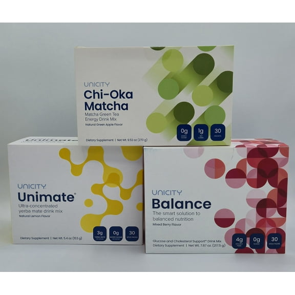 UNICITY TRIO: Chi-Oka Matcha (1box), Unimate Lemon (1box) & Balance Mixed Berry (1box) 90 Stick Packs