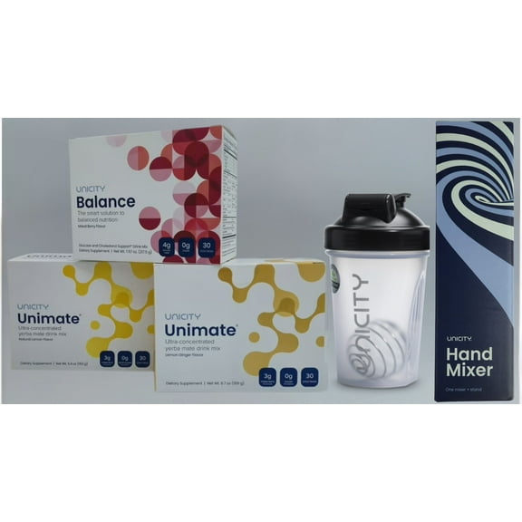 UNICITY TRIO: Mixed Berry Balance ( 1 Box )+ Natural Lemon ( 1 Box ) & Lemon Ginger Unimate ( 1 Box ) with Deluxe Shaker and Hand Mixer
