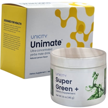 Unicity Unimate Duo: Unimate Natural Lemon Flavor 30 Packets and Unicity Super Green+ Drink Mix 16oz