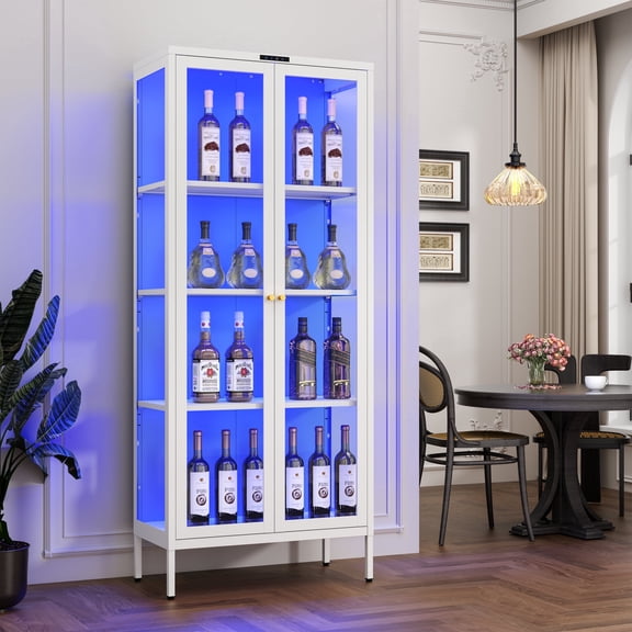 UNICOLY 66"Glass Cabinet with Doors,4-Tier Dispay Curio Cabinet with 8 Color Lights,Storage Glass Case with Adjustable Shelves,White