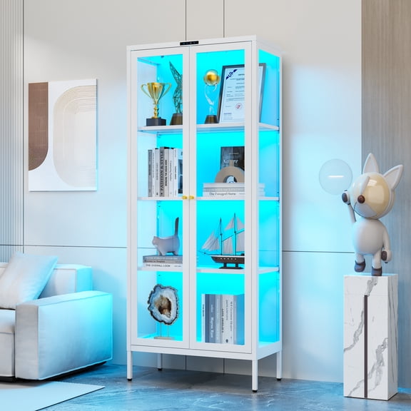 UNICOLY 66"Glass Cabinet with Doors,4-Tier Dispay Curio Cabinets with 8 Color Lights,Storage Glass Case with Adjustable Shelves,White