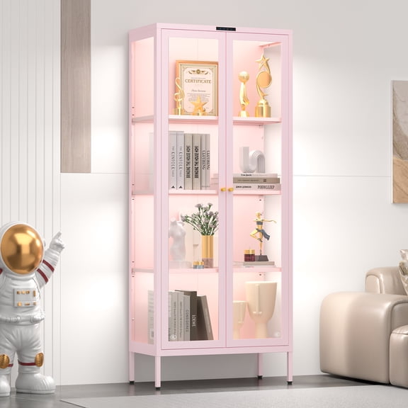 UNICOLY 66"H Display Cabinet with Glass Doors,8 Color LED Lights with 4-Tier Adjustable Shelves,Dispay Curio Storage Cabinets, Pink