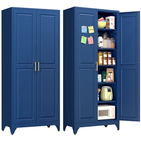 UNICOLY 75"H Pantry Cabinet, Blue Metal Kitchen Storage with Doors and 5 Adjustable Shelves, Modern Adult Food Cupboard