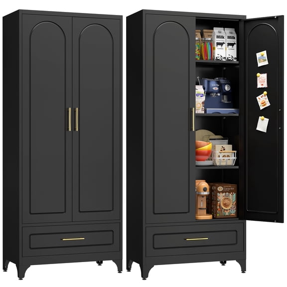 UNICOLY 75" H Metal Black Kitchen Pantry Storage Cabinets with Drawer, Doors and Shelves, Steel Large Cupboard