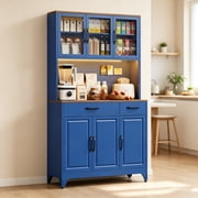 UNICOLY 75" H Tall Metal Kitchen Pantry Storage Cabinet with Charging Station,41.73"W Blue Hutch Cabinets with Microwave Stand,LED Light