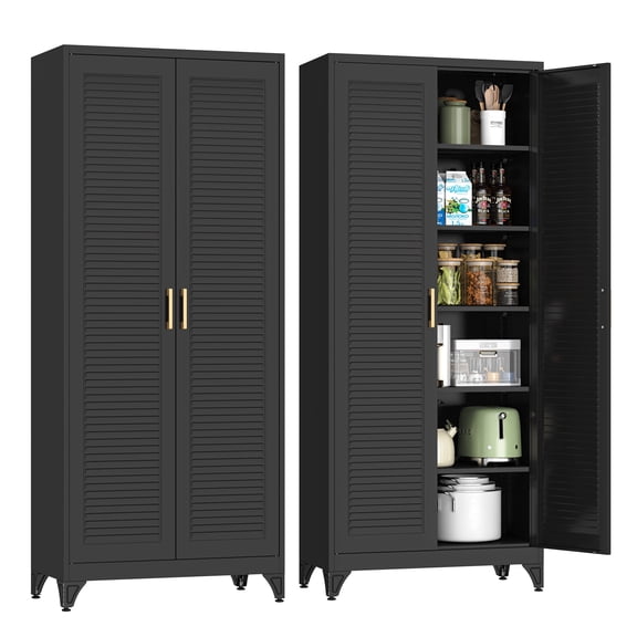 UNICOLY 75" Tall Metal Storage Cabinet with Louvered Doors, Kitchen Storage Cabinets with 4 Adjustable Shelves, Black