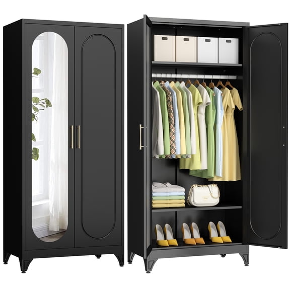 UNICOLY Metal Wardrobe Cabinet with Hanging Rod, 71"H Armoire Wardrobe Closet with Mirror Doors and Adjustable Shelves, Black Clothing Storage Cabinets