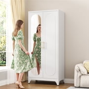 UNICOLY Metal Wardrobe Cabinet with Hanging Rod, 71"H Armoire Wardrobe Closet with Mirror Doors and Adjustable Shelves, White Clothing Storage Cabinets