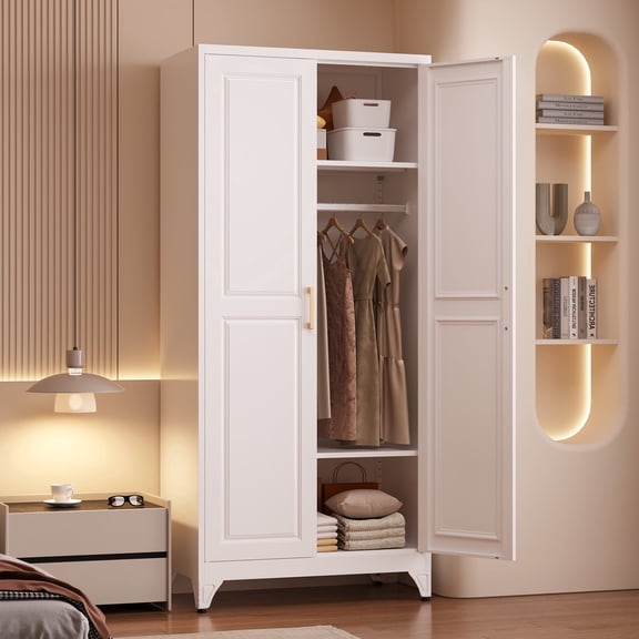 UNICOLY Metal Wardrobe Cabinet with Hanging Rod, 71" Tall Armoire Wardrobe Closet with 2 Doors and Adjustable Shelves, White Clothing Storage Cabinets