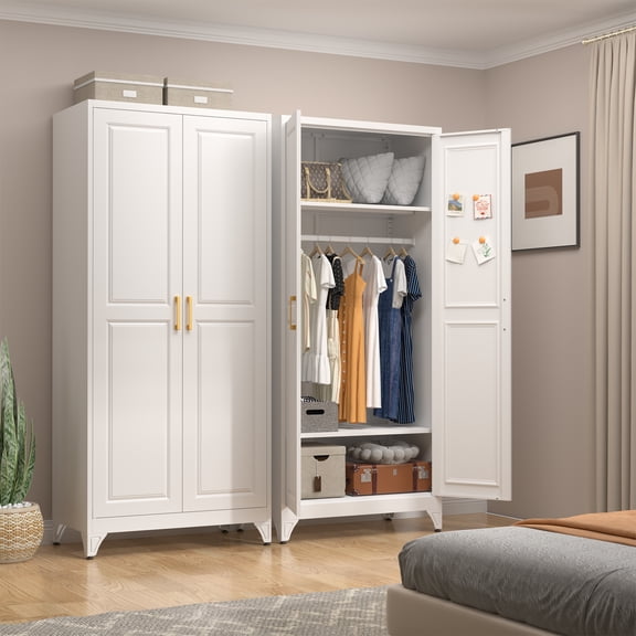 UNICOLY Metal Wardrobe Cabinet with Hanging Rod, 71" Tall Armoire Wardrobe Closet with 2 Doors and Adjustable Shelves, White Clothing Storage Cabinets