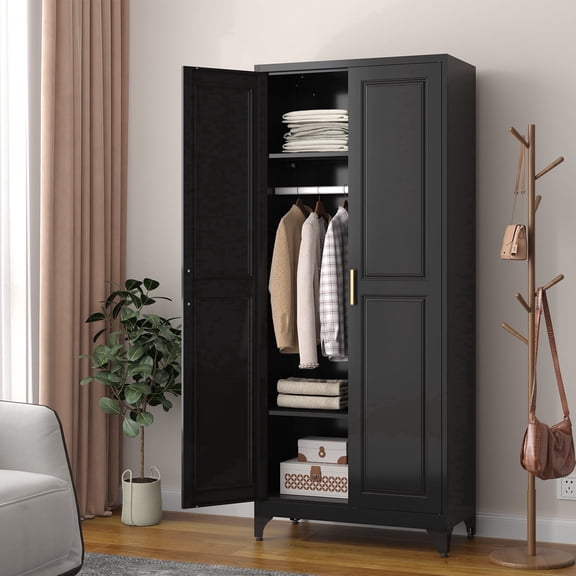 UNICOLY Metal Wardrobe Cabinet with Hanging Rod, 71" Tall Armoire Wardrobe Closet with 2 Doors and Adjustable Shelves, Black Modern Clothing Storage Cabinets,Adult