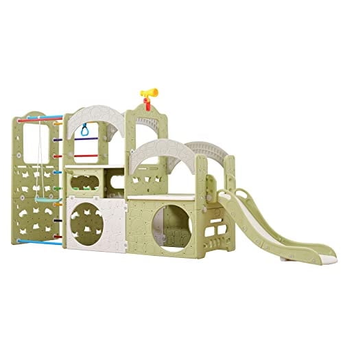 UNICOO® 10 in 1 Indoor Playground, Jungle Gym Playset with Slide, Climbing Wall, Ladder, Swing, Basketball, Hanging Rings for Home and Daycare (Green & Gray)