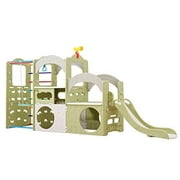 UNICOO  10 in 1 Indoor Playground, Jungle Gym Playset with Slide, Climbing Wall, Ladder, Swing, Basketball, Hanging Rings for Home and Daycare Green & Gray