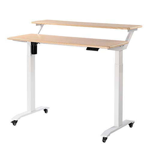 UNICOO® 2 Tier Electric Height Adjustable Standing Desk with Wheels, Electric Mobile Standing Workstation, Sit Stand Desk Home Office Desk Whole-Piece Desk Board 48 * 24 in (KT1002-LW) 2Tier