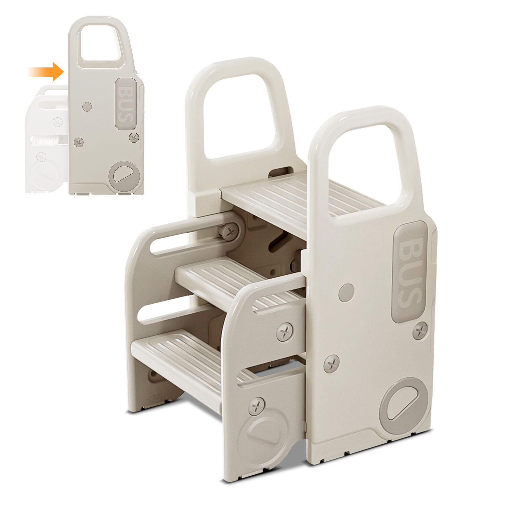 UNICOO 2-in-1 Step & Stool | Storable Step Stool for Toddlers | Foldable Adjustable 2-3 Helper Steps for Kids with Anti-Slip & Space-Saving Design | Bathroom Sink, Potty, Toilet (Gray & White)