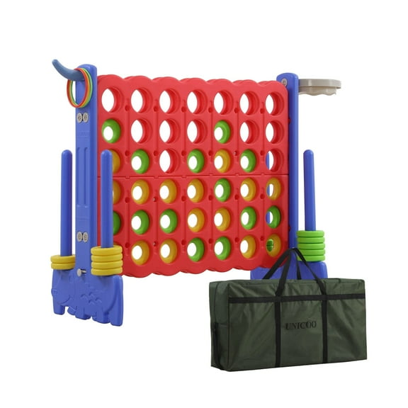 UNICOO® 3-in-1 Giant 4 in A Row Game, Featuring Basketball Hoop, Ring Toss Game & 4-to-Score Game. Perfect for Kids & Adults, Parties & Gatherings with Carrying Bag (Red + Blue)