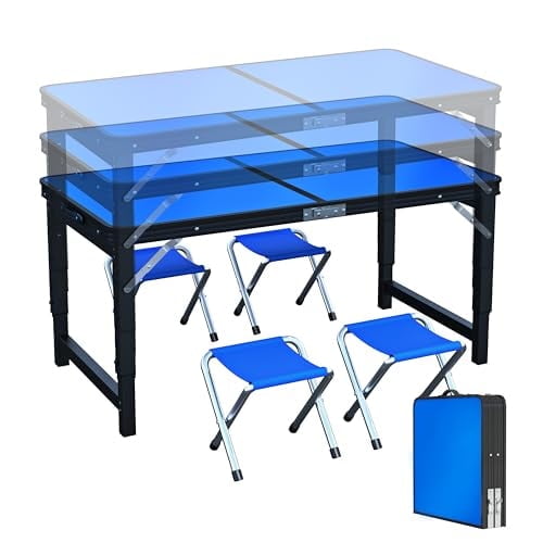 UNICOO 4ft Portable and Foldable Indoor Outdoor Camping Table with 4 Chairs Set, Adjustable Height Dining Table, Multifunctional Folding Utility Camp Table for Camping and Parties (Royal Blue)