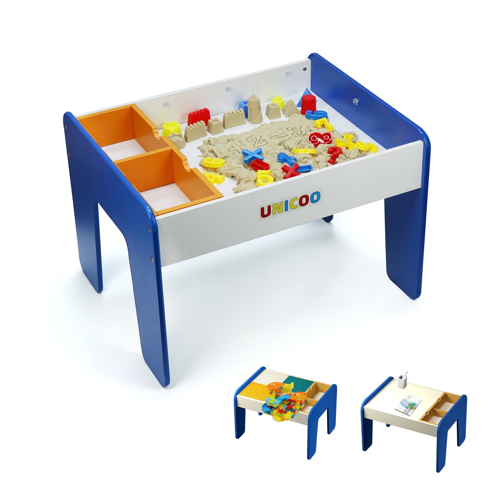 UNICOO® 5-in-1 Kids Sand & Activity Table with Play Sand, Molds & Building Blocks | Sensory Play Table, Study Desk & Storage for Toddlers | Kids Summer Indoor & Outdoor Games (Blue)