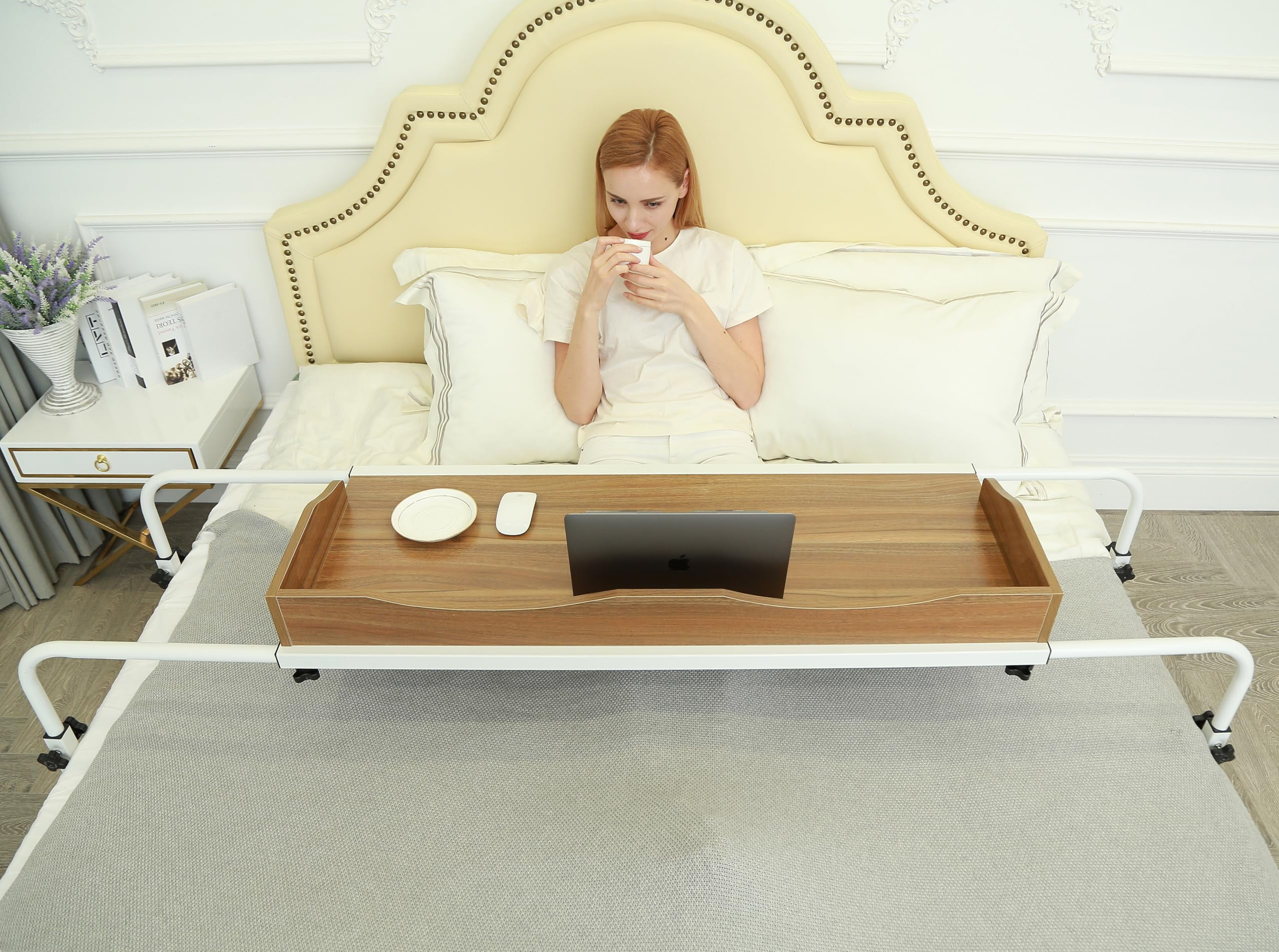 UNICOO Adjustable Overbed Table with Wheels, Perfect for Full/Queen/King Beds Rolling Medical Bed Desk for Laptop Work, Breakfast. Sturdy Wood and Steel Frame(Ancient Oak - 202)