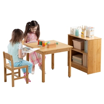 UNICOO® All-in-1 Kids Wooden Activity Table Combo Set with 1 Bookshelf & 2 Chairs – Kids Table and Chairs for Arts, Crafts, Reading & Snack – Toddler Small Desk 4-Piece Set for Playrooms & Classrooms