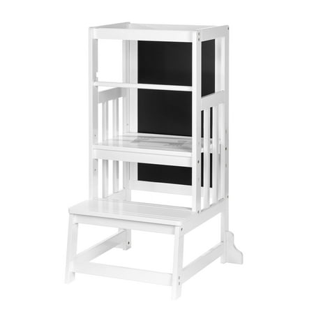 UNICOO® Bamboo Adjustable Height Kids Learning Step Stool, Toddler Kitchen Standing Tower, Montessori Style Kitchen Step Stool with Double-Side Art Board for Creative Play (D057-White)