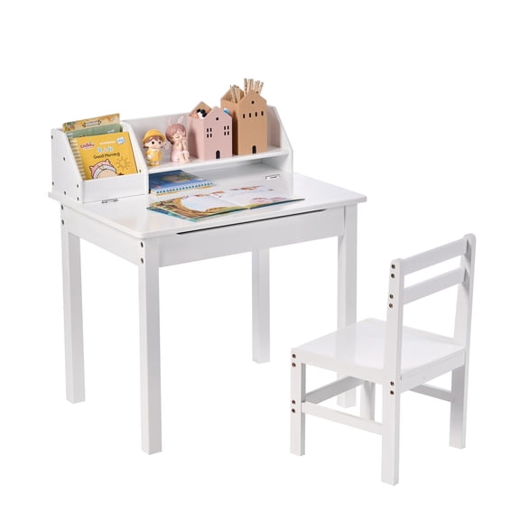 UNICOO® Bamboo Kids Desk and Chair Set, Lift-Top Desk & Chair Set for 3-8 Years Old, Children Writing Desk with Storage and Hutch for Home School Use (C007 - White)