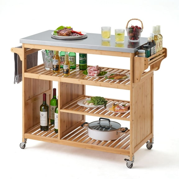 UNICOO® Bamboo Kitchen Rolling Utility Trolley Cart with Stainless Steel Top. Ding Rolling Cart, Kitchen Worktable, Outdoor BBQ Food Prep Cart, Multifunctional Flattop Bar Cart (Nature)