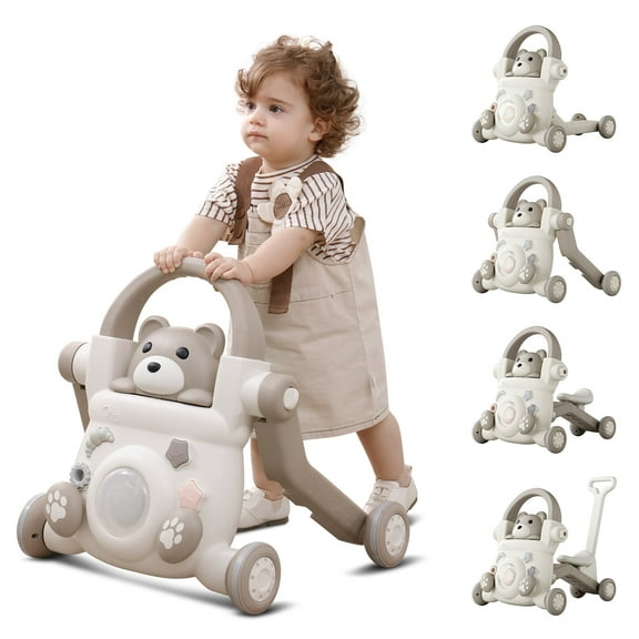 UNICOO® Beginner Steps Companion™ 3-in-1 Baby Sit to Stand Learning Walker, Early Learning Push Toys, Baby Push Walker, Sliding Bike & Push Car, Balance Scooter, Toddler 6-48 (Teddy Brown)