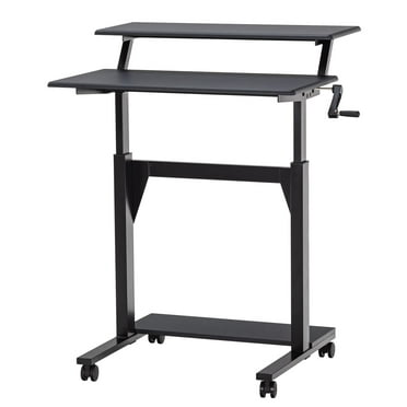 UNICOO® Crank Adjustable Height Standing Desk, 2 Tier Adjustable Sit to Stand up Desk, Mobile Standing Desk, Rolling Desk (Black Frame/Black Top) 2T-Crank