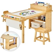 UNICOO  Drawing and Art Table & Chair Set for Toddlers - Portable Craft Supplies Organizer and Storage Shelves, Canvas Bins, Paper Roll Rack, 2 Stools, Kids Art Table, Ages 2-12 Nature