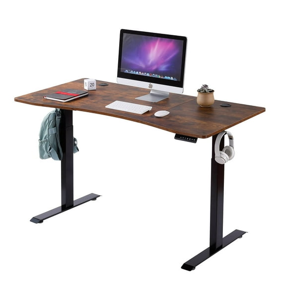 UNICOO® Dual Motor Electric Height Adjustable Standing Desk 59"x29.5" Inches, Home Office Computer Desk, Gaming Desk, with USB Charging and Hooks (Black Frame/Rustic Brown Top) XOT-D59-BR
