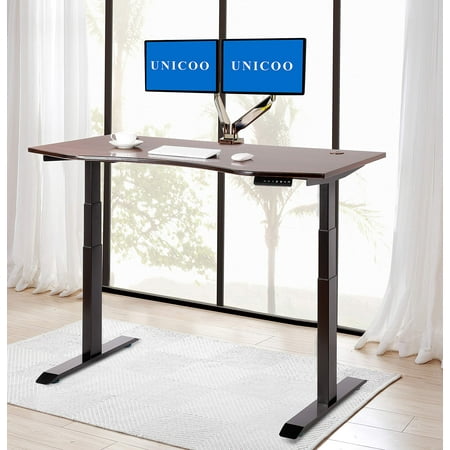 UNICOO® Electric Stand Up Desk Dual Motor, 3 Stage Up Lifting Legs with 1 Inch Thick Bamboo Table Top, LED 4 Memory Control Keypad (Black Dual Motor Frame/Bamboo Antique Brown Table Top)