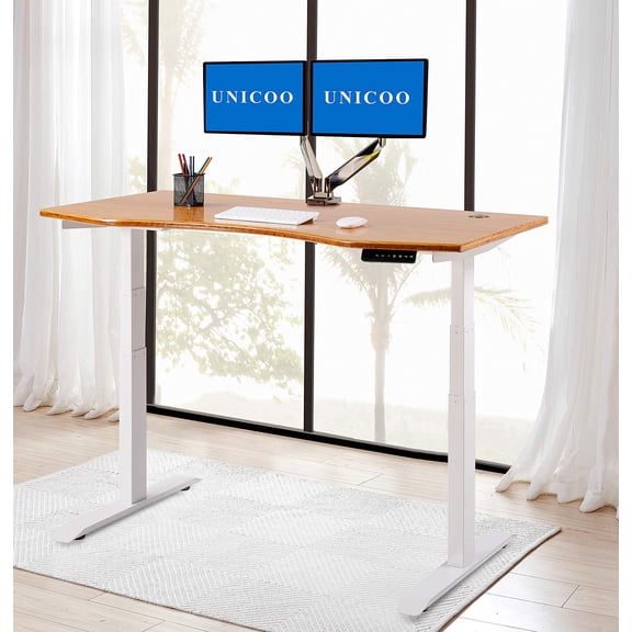 UNICOO® Electric Stand Up Desk Dual Motor, 3 Stage Up Lifting Legs with 1 Inch Thick Bamboo Table Top, LED 4 Memory Control Keypad (White Dual Motor Frame/Bamboo Nature Top)