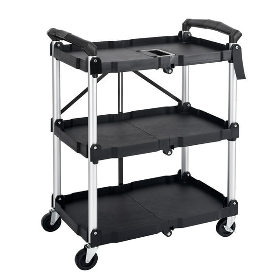UNICOO® Heavy Duty 3-Tier Collapsible Rolling Cart, Folding Utility Cart, 550lbs Capacity, Lockable & Silent Wheels, Compact & Foldable, Easy Clean & Storage for Restaurant, Office, Garage (Black)