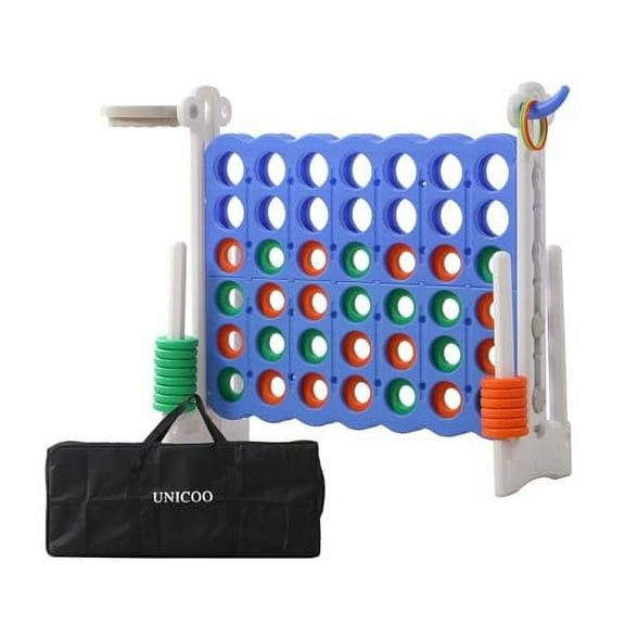 UNICOO Height Adjustable Connect 4 Game Stand, 4 in A Row Game with Basketball Hoop, Ring Toss, Carrying Bag, Indoor Outdoor Yard Game, Parties & Family Gatherings (Blue & White)