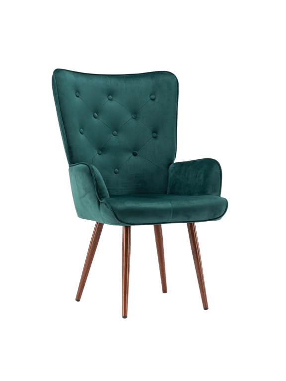 ® High Wingback Living Room Chairs, Vintage Button Wingback Chair, Velvet Side Chair Leisure Chair Wingback Reading Chair for Living Room Bedroom Waiting Room (Dark Green)