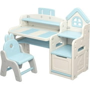 UNICOO  Kids 3 in 1 Multifunctional Desk, Kids Activity Table, Children Height Adjustable Learning Desk, Toddler Drawing Table Art Table with Chair Set QB-002-BL Blue
