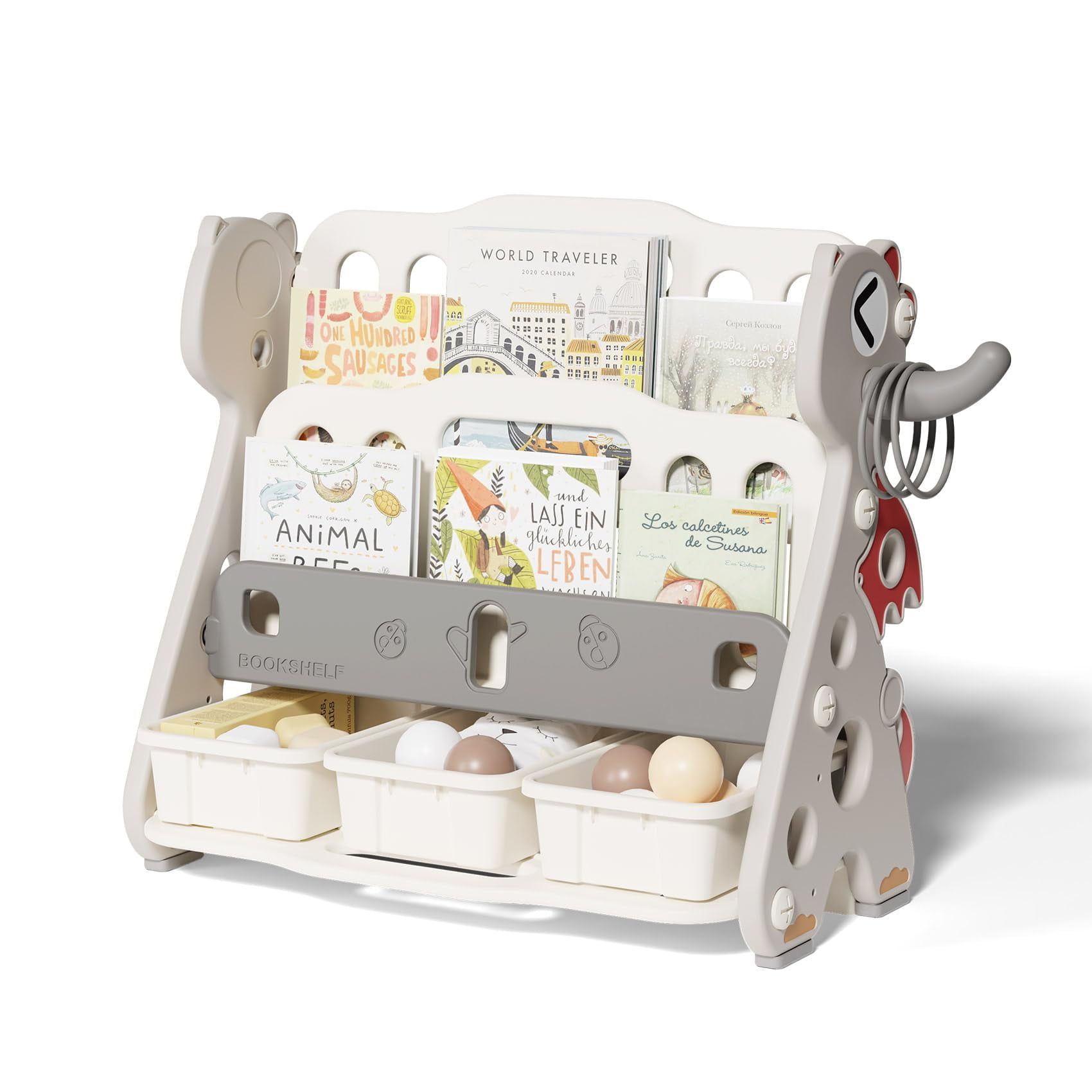 UNICOO® Kids Baby Dragon 2 Tier Bookshelf with 3 Toy Storage Bins, Children  Bookshelf \u0026 Toy Organizer (Pink) - Walmart.com, image size:1700x1700