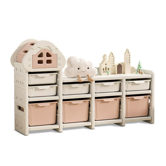 UNICOO® Kids Cream House Storage Organizer with 3-Tier Shelves, Storage Rack & Bins for Nursery, Playroom, Study Room (Cream & Pink)
