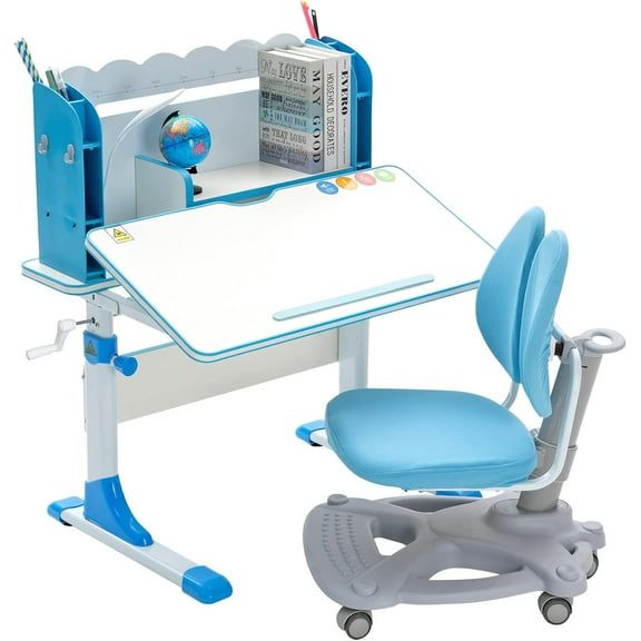UNICOO® - Kids Desk with Chair Set, Height Adjustable Desk for Kids, Multifunctional Kids Study Desk with Bookshelf, and Comfortable Chair (Blue)