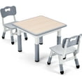 thumbnail image 1 of UNICOO® Kids Height Adjustable Three-Piece Study Table and 2 Chairs Set, Plastic, Children Art Table with 2 Seats, Multipurpose Activity Table for Kids 2-10 Years Old (Maple Top with Grey Border), 1 of 1