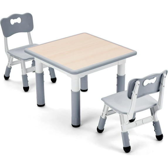 UNICOO® Kids Height Adjustable Three-Piece Study Table and 2 Chairs Set, Plastic, Children Art Table with 2 Seats, Multipurpose Activity Table for Kids 2-10 Years Old (Maple Top with Grey Border)