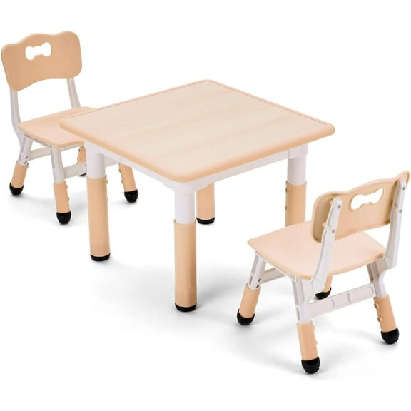 UNICOO® Kids Height Adjustable Three-Piece Study Table and 2 Chairs Set, Plastic, Children Art Table with 2 Seats, Multipurpose Activity Table for Kids 2-10 Years Old (Maple Top with Maple Border)