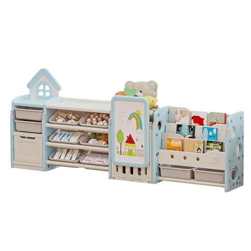 UNICOO® Kids Multifunctional Toy Storage Organizer with 3-Tier Bookshelf, Storage Rack & Drawing Board, Flexible & Versatile L Shaped Organizer for Nursery, Playroom, Study Room (Blue & White)