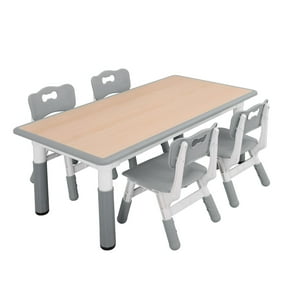 UNICOO® Kids Study Table and Chairs Set, Height Adjustable Plastic Children Art Desk with 4 Seats, Kids Multi Activity Table Set (Maple Top with Grey Board)